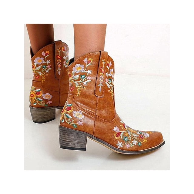 LUXUR Bottes pour Femmes Brodées Florales Bottines Courtes Bout Rond Chaussures d'Hiver Jaunes 11