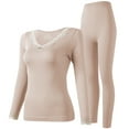 thumbnail image 5 of Htigea Thermal Underwear Women's Lace Splice V Neck Long Sleeve Tops and Slim Fit Bottoms Long Johns Solid Color Base Layer Sets Brown Free Size, 5 of 7