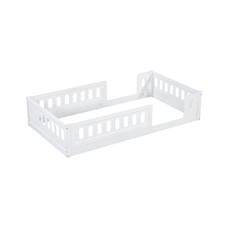Twin Size Low Profile Platform Bed with Guardrails, Wooden Montessori Kids Floor Bed without Support Slat