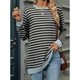 thumbnail image 2 of Womens Casual Striped Long Sleeve Shirt Trendy Crew Neck Slim Loose Fit Basic Blouses Tops Light Gray Black XL, 2 of 8