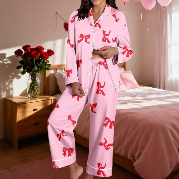 Women 2 Piece Pajama Set Heart Print Long Sleeves Button Down Lapel Shirt Long Pants Matching Sets Loungewear Pink L