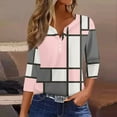 thumbnail image 2 of WTOBBY Women's Casual V-Neck Button Down Tee with 3/4 Sleeve, Daily Weekend Fashion Basic Tunic Top, Retro Geometric Print Henley Collar Regular Fit Shirt,Pink XL, 2 of 5
