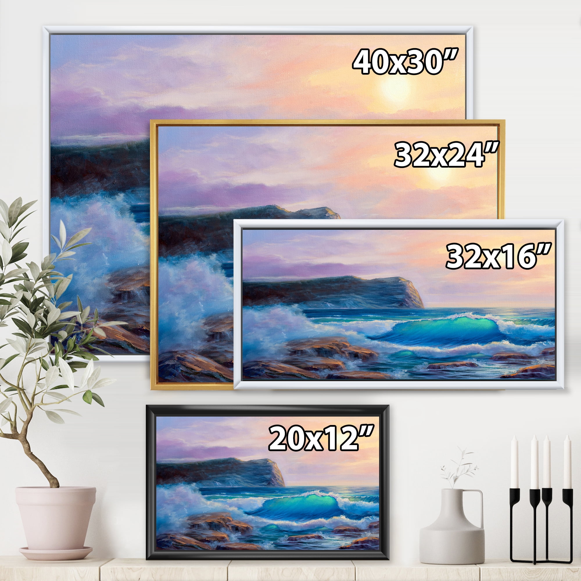 Designart 'Blue Waves Breaking At The Beach Landscape III' Nautical & Coastal Framed Canvas Wall Art Print
