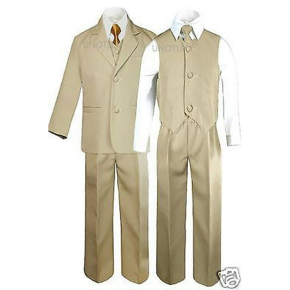 Boy Baby Toddler Formal Wedding Party Khaki Stone Suit Tuxedo Gold Tie sz S-4T