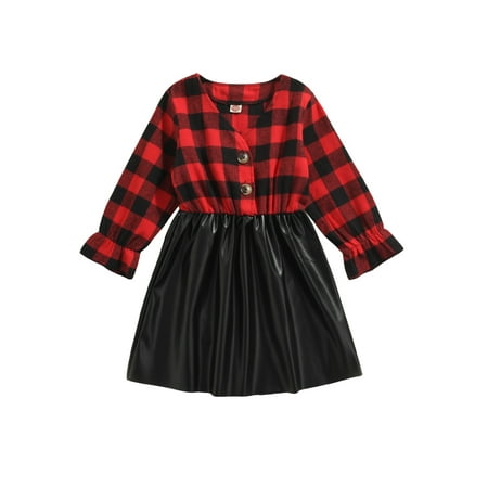 

Baby Girls Chirstmas Dress Plaid Long Sleeve V Neck Elastic Cuff Tops Leather Solid Color Skirt