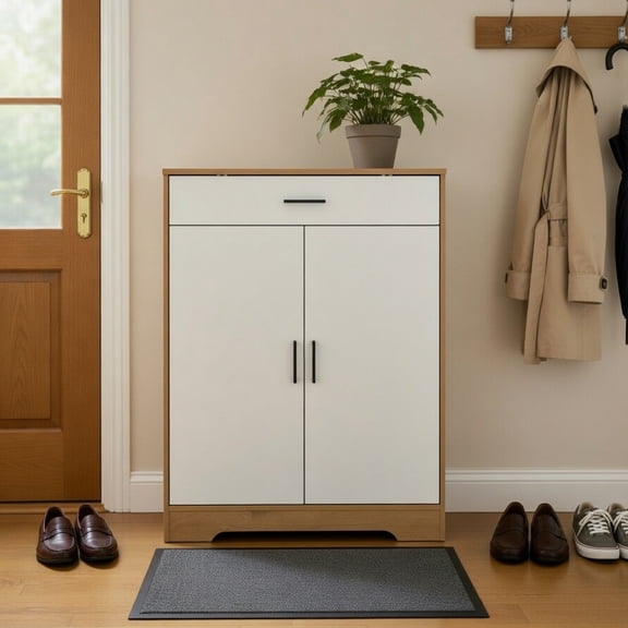4-Tier Shoe Cabinet with Drawer - Freestanding Wooden Shoe Storage Organizer with 2 White Doors, Adjustable Shelves & Extra Storage for Entryway, Hallway & Living Room - Natural Finish