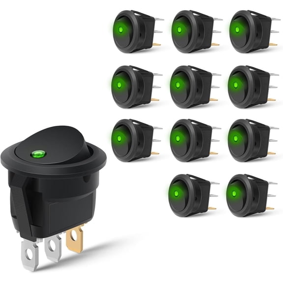 Nilight 12PCS Round Rocker Switches with Green LED, SPST 3 Pin 20A 12V/24V for Car Truck Boat