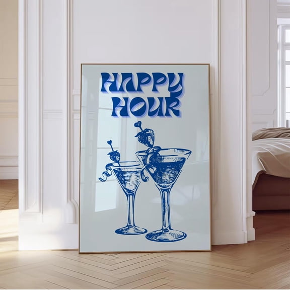Happy Hour Poster Cocktails Illustration Poster Bar Cart Art Aesthetic Trendy Wall Decor Blue Retro Wall Art Home Decor, 8x12 UNFRAMED