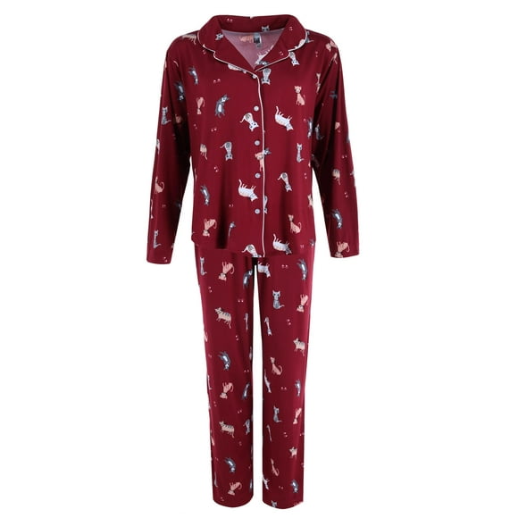 PJ Couture  Cat Print Notch Collar Pajama Set (Women's)