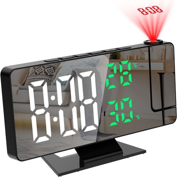 180 ° Rotation Projection Digital Alarm Clock Temperature Humidity Night Mode Snooze 12/24H USB Powered Projector Table LED Clock