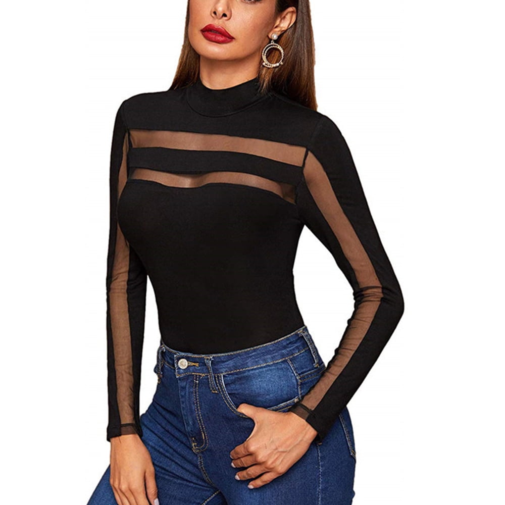 Fortune Women Mesh Sheer Bodysuit Long Sleeve Leotard Tops Slim
