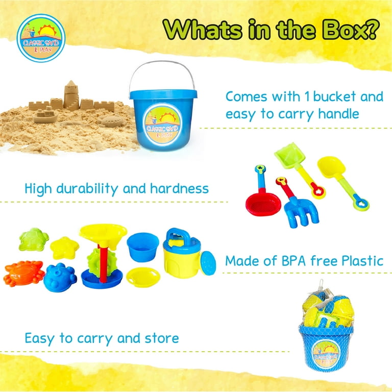 CLASSIC SAND PLAY Sandcastle Beach Toys for Kids 12 Pc Set Heavy Duty Plastic Bucket Shovel Sifter Rake and Sea Animal Molds Interactive Play