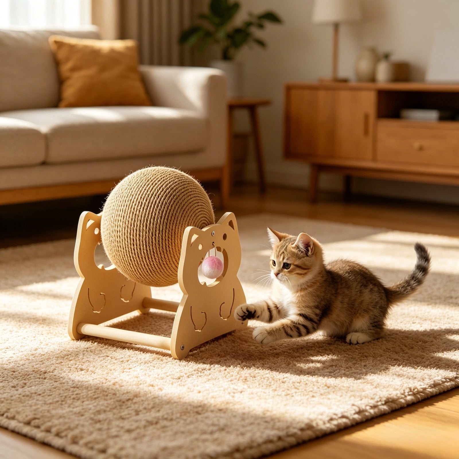 Wooden Cat Toy Cat Scratcher Ball with Natural Sisal Interactive Spinning Scratching Toy with Hanging Ball for Indoor Cats to Relieve Boredom Protect Furniture