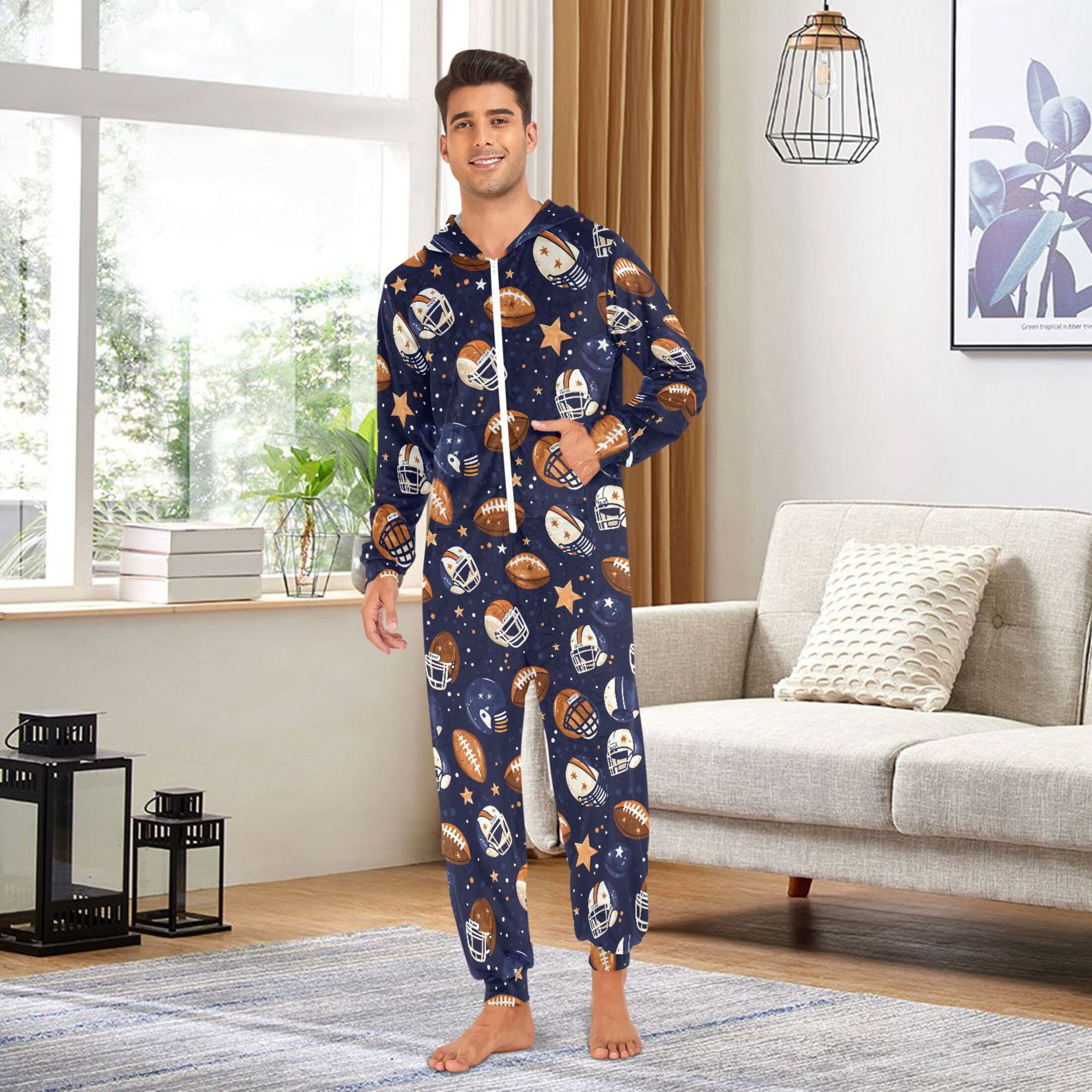 Adult Onesie Blue Background Adult Onesie Football Helmet Stars Zipper One-Piece Pajamas Unisex with PocketsClock Zipper One-Piece Pajamas Unisex with Pockets