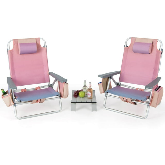 Costway Ensemble de 2 Chaises de Plage Pliantes avec Table, Chaise d'Extérieur Inclinable à 5 Positions, Rose