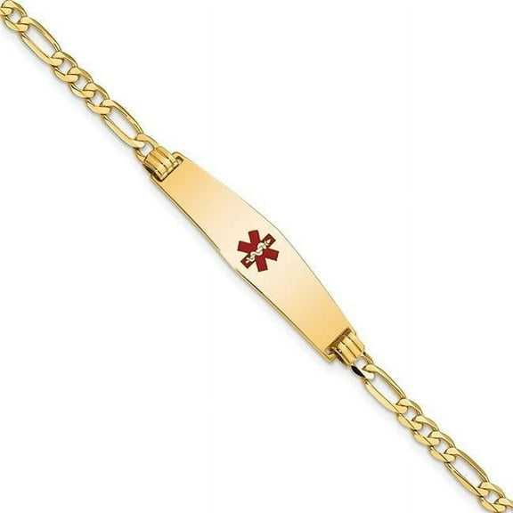 Primal Gold 14 Karat Yellow Gold Medical Soft Diamond Shape Red Enamel Flat Figaro Link ID Bracelet