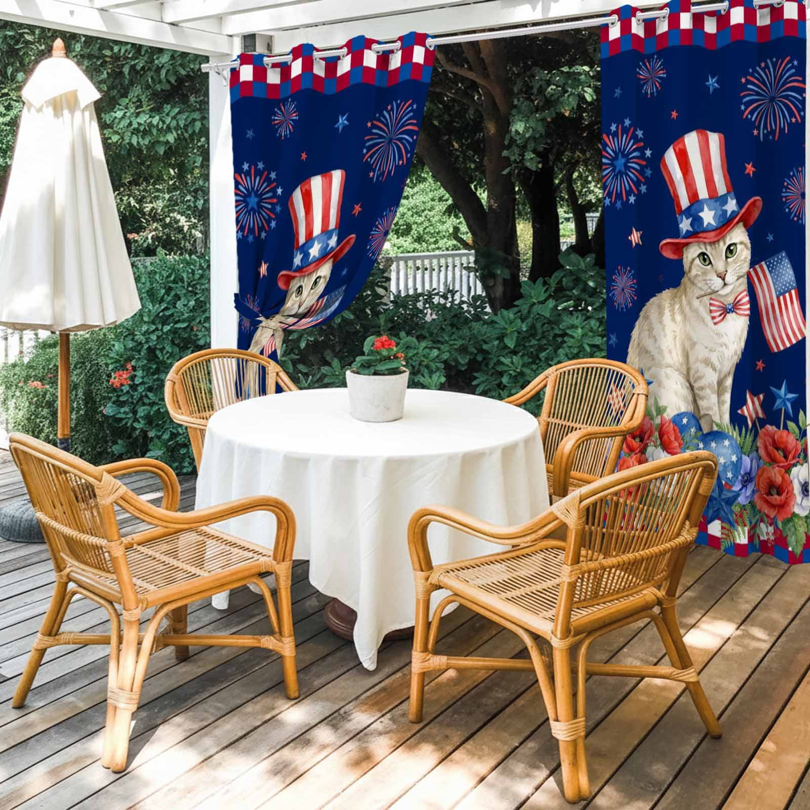 Independence Day Outdoor Curtains for Patio, Cartoon Golden British Shorthair Colorful Poppy Sunshade Privacy Drapes Grommet Waterproof Outside Curtains for Porch/Cabana/Balcony 54"x 108", 1 Panel