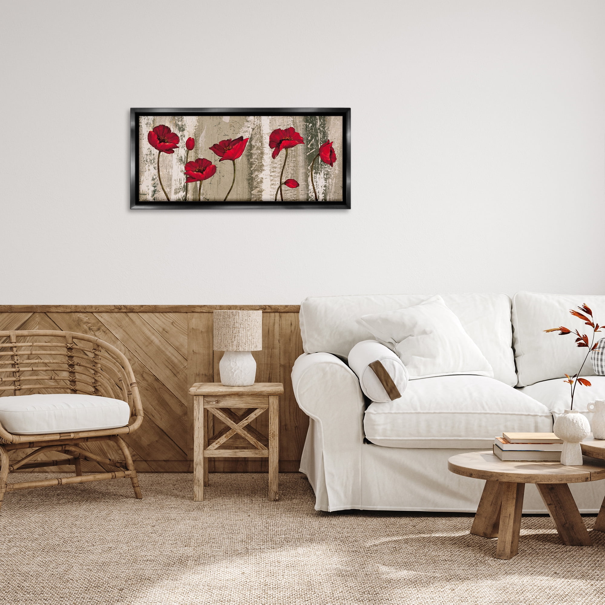 Stupell Industries Red Poppies Rustic Pattern Botanical & Floral Painting Black Floater Framed Canvas Art Print Wall Art, 31 x 14