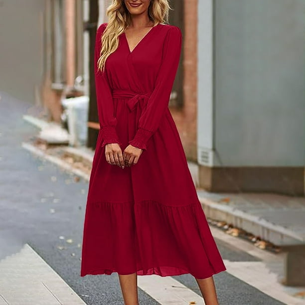 Blmnix Tea Party Dresses for Women Long Modest Red Plus Size Tiered Long  Sleeve Wrap Womans Dresses Going Out - Walmart Business Supplies