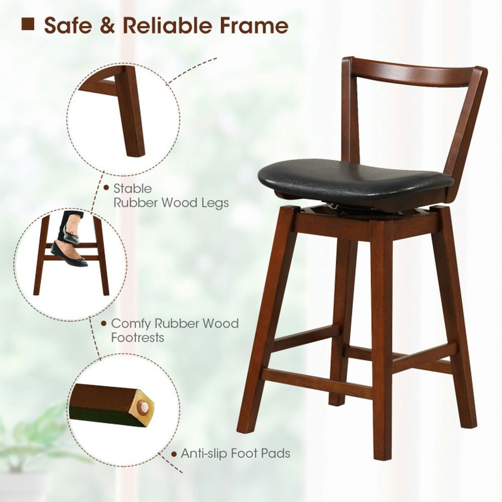 Demi Bonn 26" Swivel Upholstered PU Leather Bar Stool with Backrest and Cushioned Seat, Modern Kitchen Dining Chair, Brown