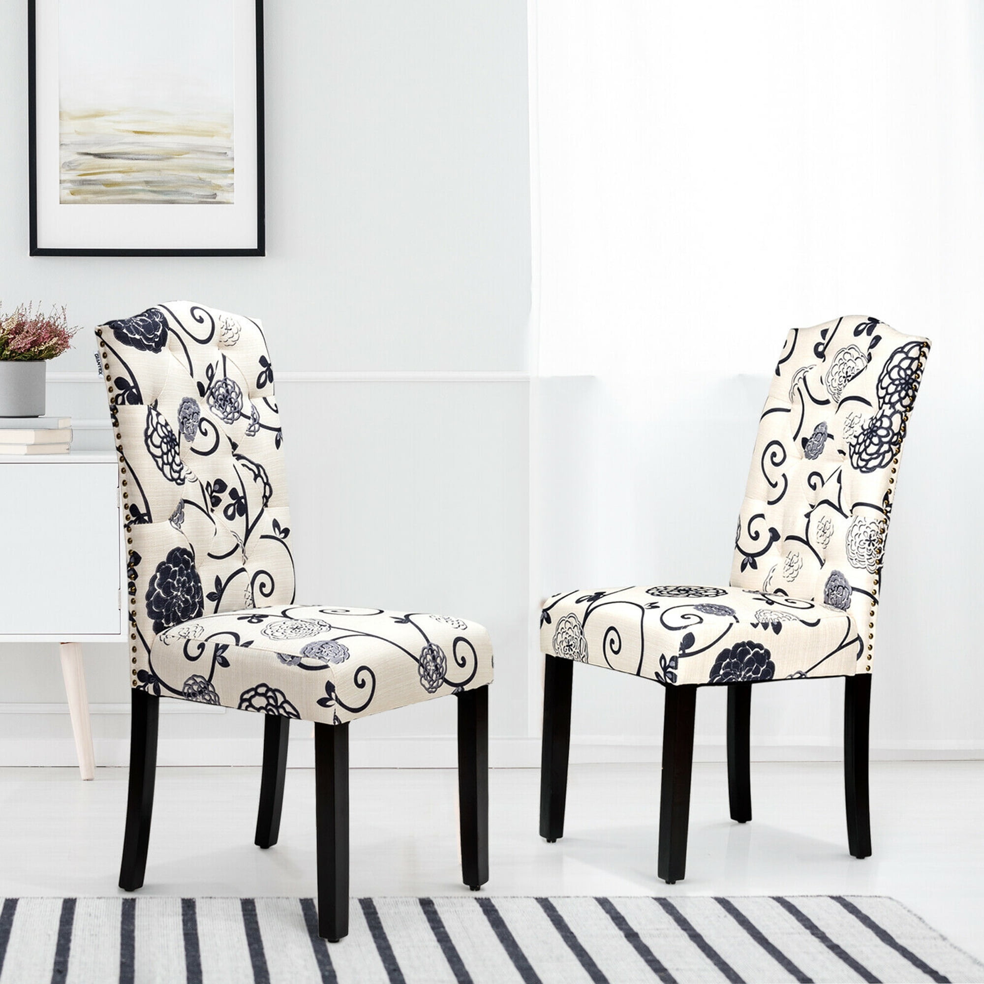 Gymax Set of 2 Tufted Dining Chair Upholstered Nailhead Trim Rubber Wooden Leg
