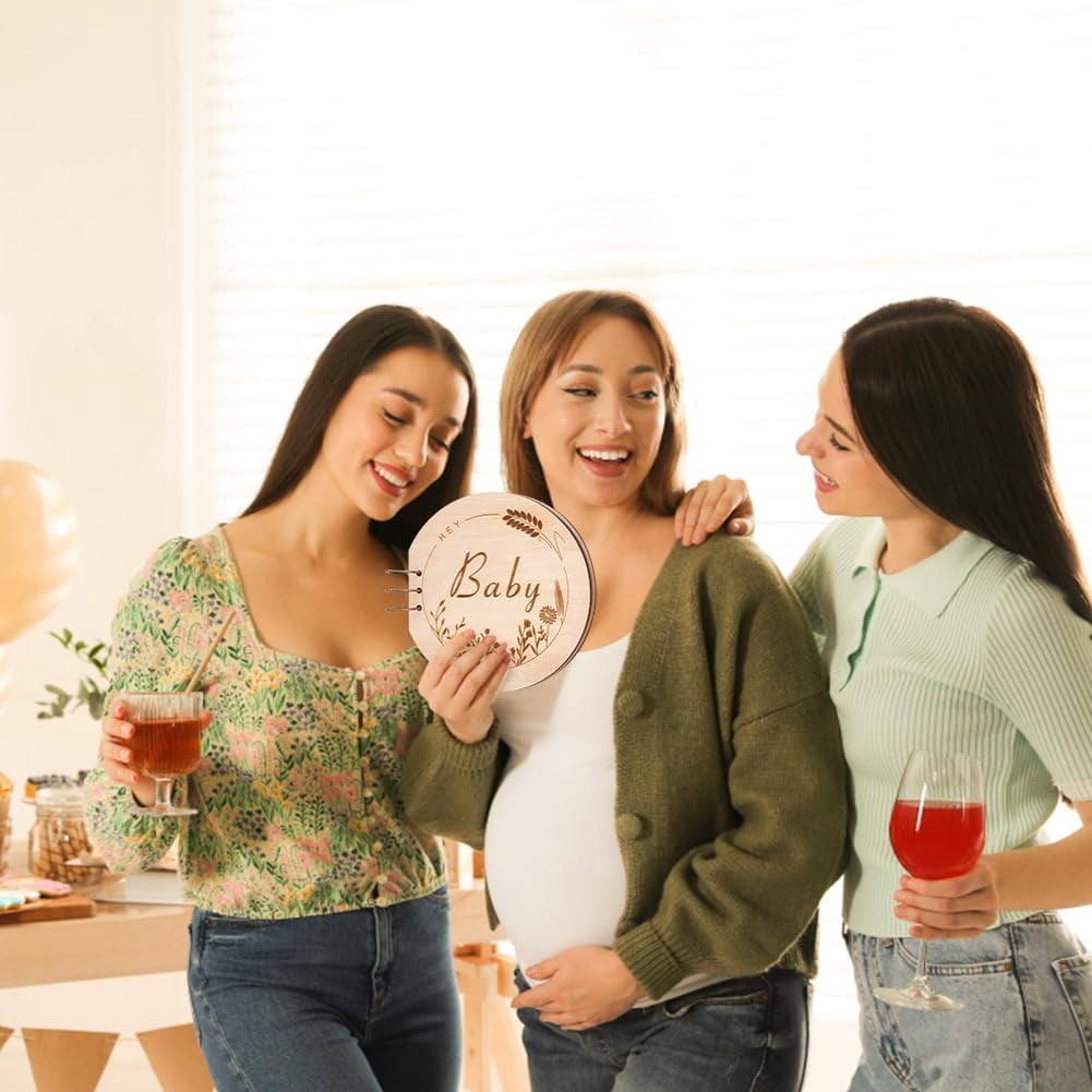 1 set Baby Shower Guest Book 25cm Diameter Wooden Round Guestbook Alternatives Handmade Memory Picture Book with 20 Sheets Beige Baby Growth DIY Binder Photo Album for Girl Boy Gift for Mom