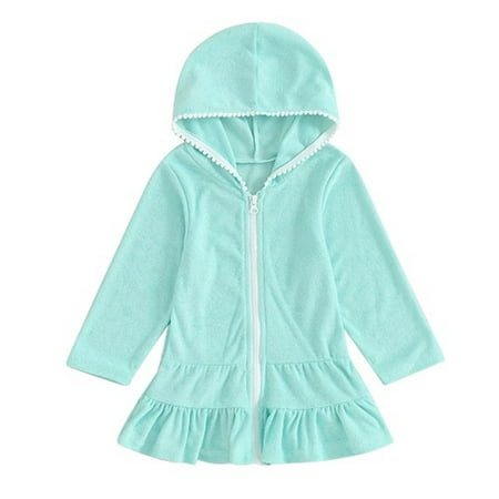 Odeerbi Kids Girls Swimsuit Cover Up Hooded Bikini Coverups Fashion Solid Color Zipper Cover Up Dress Long Robe Long Sleeve Beach Skirt Kids Clothes Green