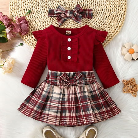 

Hunpta Infant Girls Long Sleeve Ruffles Ribbed Romper Bodysuits Plaid Prints Skirt Headbands Outfits