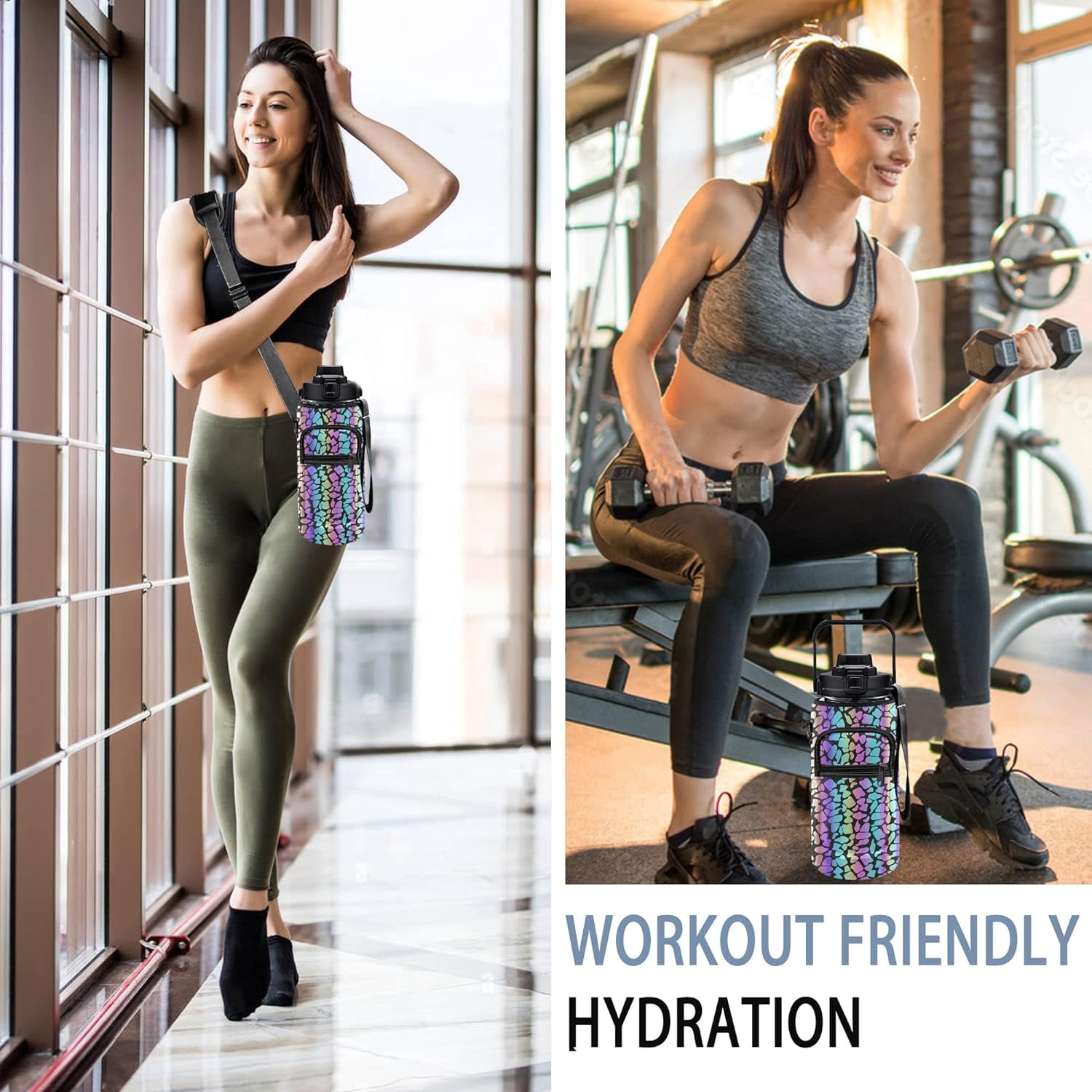 Leopard Half Gallon Water Bottle with Sleeve 1/2 Gallon Water Bottle 64 Oz Water Bottle with Time Marker, Motivational Water Bottle Half Gallon Water Bottle with Straw for Women Gym Yoga Pregnance
