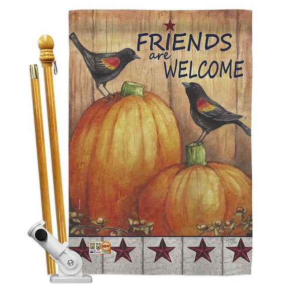 Breeze Decor BD-HA-HS-113059-IP-BO-D-US16-AL 28 x 40 in. Welcome Friends Crows Fall Harvest & Autumn Impressions Decorative Vertical Double Sided House Flag Set with Pole Bracket Hardware
