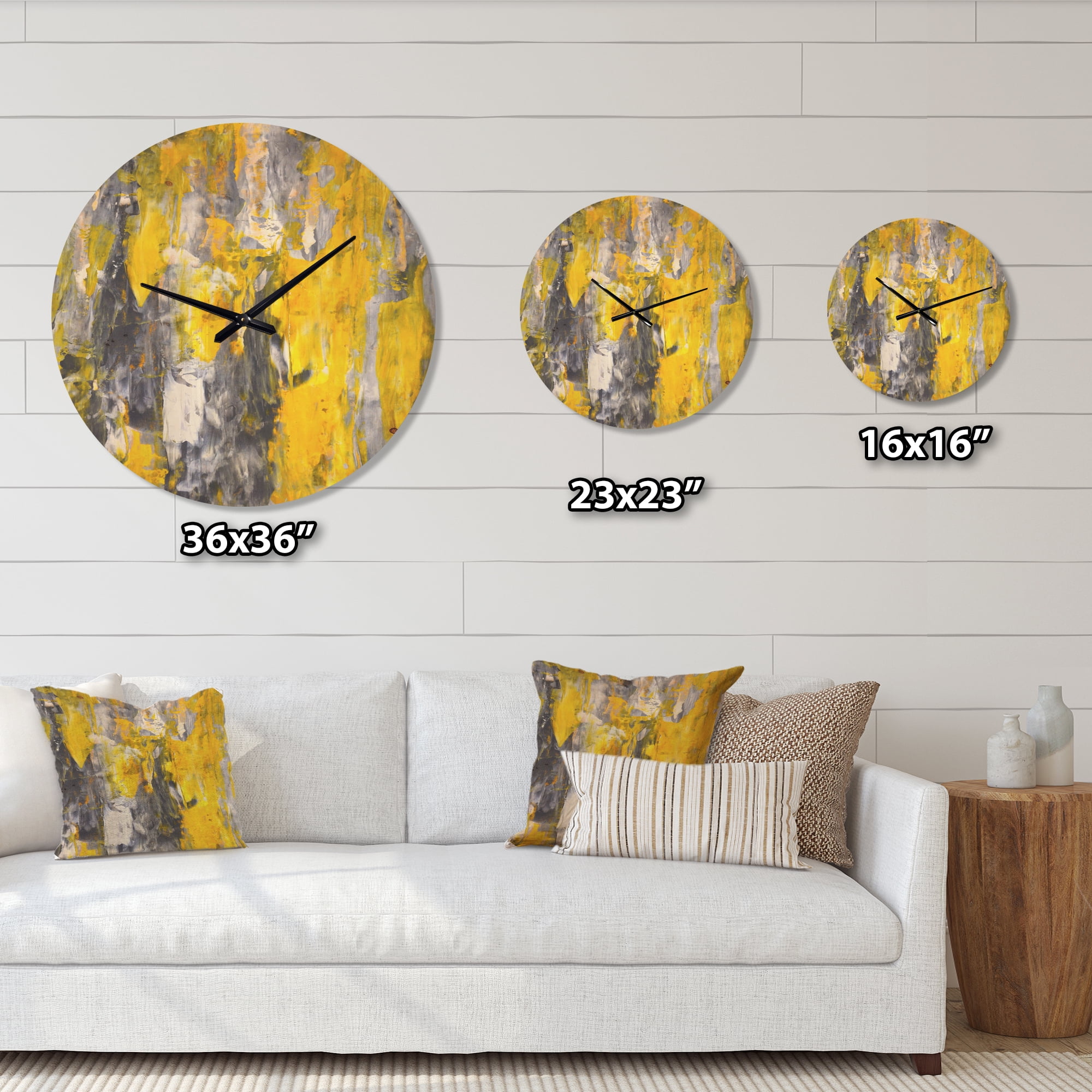 Designart 'Yellow and Grey Abstract Pattern' Modern Wood Wall Clock