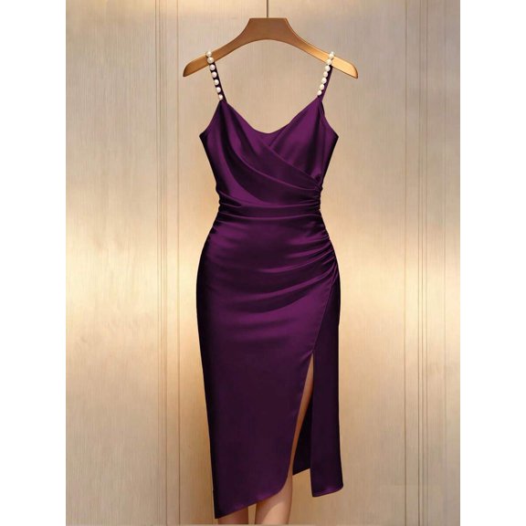 Purple Satin Bodycon Dress With Pearl-Embellished Spaghetti Straps, Crossover Neckline, Ruched Waist And Side Slit