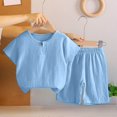 thumbnail image 2 of Juorvia Cotton Linen 2 Piece Outfits for Girls Kids Loose Fitted Crew Neck Tees Elastic Waist Shorts(1-2Years,Sky Blue), 2 of 5