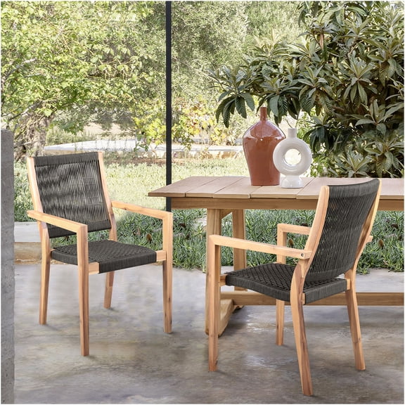 JERFIT 2-Pack Black Eucalyptus Wood Patio Dining Chairs with Rope Weave, Teak Finish Outdoor Armchairs for Garden, Poolside