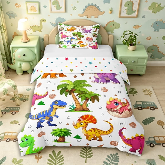 Metsweet 3D Cute Dino Twin Duvet Cover, Cartoon Animal Twin Bedding, Pink Orange Purple,2pcs,1 Duvet Cover and 1 Pillowcase
