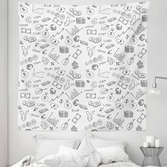 Money Tapestry, Monochrome Pattern with Euro Dollar Yen Coins Piggy Bank Stock Graphs Doodle, Fabric Wall Hanging Decor for Bedroom Living Room Dorm, 5 Sizes, Black White, by Ambesonne