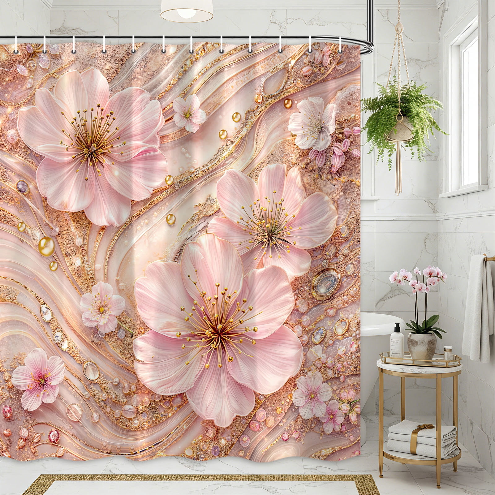 Peach Luxury Marble Shower Curtain, Cherry Blossom Gold Glitter Floral Bathroom Decor, Modern Abstract Watercolor Bath Curtain, Waterproof Polyester Fabric with Hooks for Bathroom Decor,70X75in