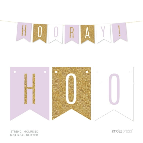Signature Lavender, White, Gold Glittering Birthday Party, Hanging Pennant Banner, Hooray!