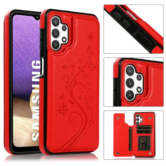 Galaxy A32 5G Case,Dteck Magnetic Leather Pattern Hybrid Rubber Shockproof Case Card Holder Wallet Back Kickstand Flip Cover for Samsung Galaxy A32 5G ,Red