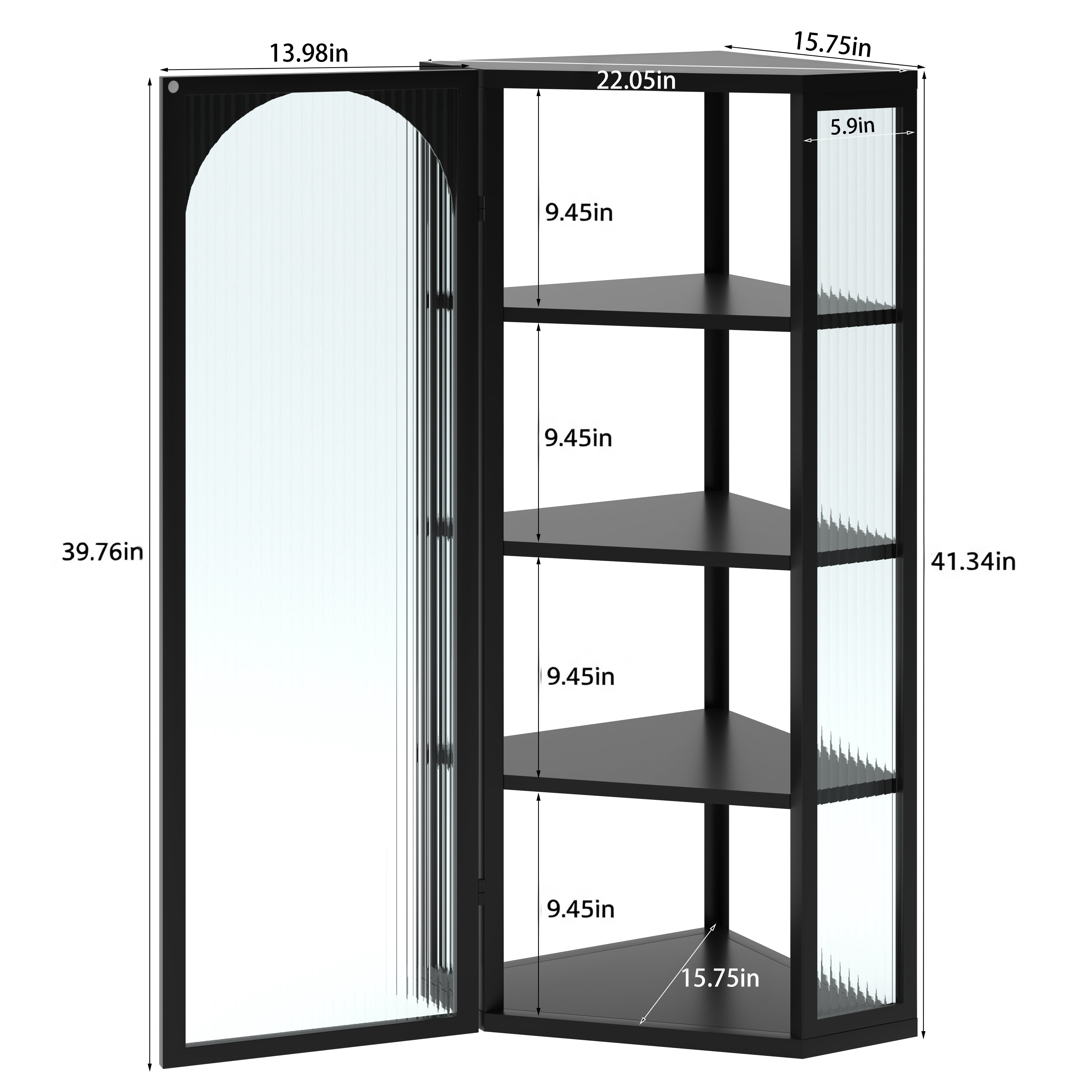 Wall Mounted Corner Cabinet 41.34 Inch, 4-Tier Glass Door Storage with Ribbed Glass and Metal Frame, Bathroom Organizer and Living Room Display Cabinet, Black