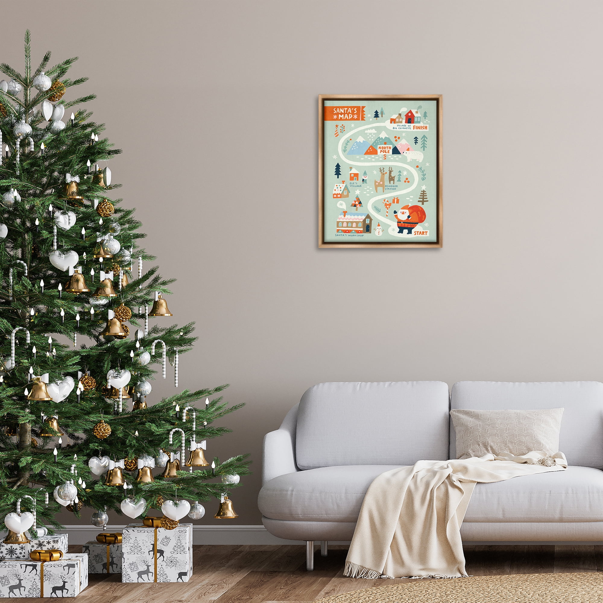 Stupell Industries Jolly Map Of North Pole Holiday Painting Brown Floater Framed Canvas Art Prints Wall Art, 25 x 31