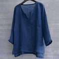 thumbnail image 2 of WTOBBY Women's Cotton Linen V-Neck Long Sleeve Shirt, Solid Color Casual Loose Fit Top, Relaxed Fashion Tee for Breathable Comfort, Unisex Style,Navy 2XL, 2 of 7