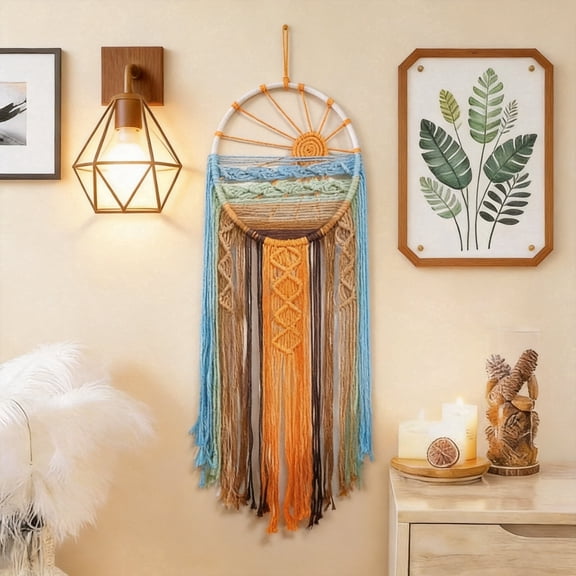 Macrame Dream Catcher Wall Hanging Large Hand Woven Boho Tapestry Colorful Sunset Sun Wall Decor for Bedroom Living Room