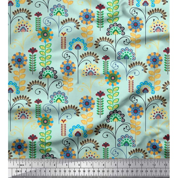 Soimoi Rayon Fabric Leaves & Floral Clip Art Print Fabric by The Yard 42 Inch Wide