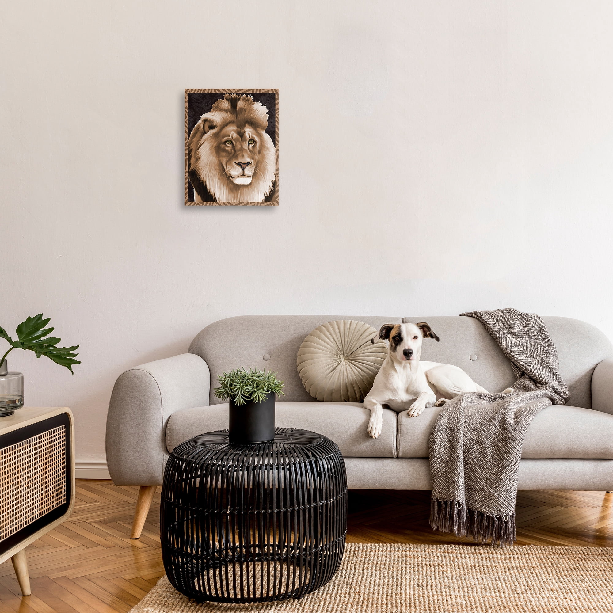 Stupell Industries Lion with Geometric Border Animals & Insects Painting Gallery Wrapped Canvas Art Print Wall Art, 16 x 20