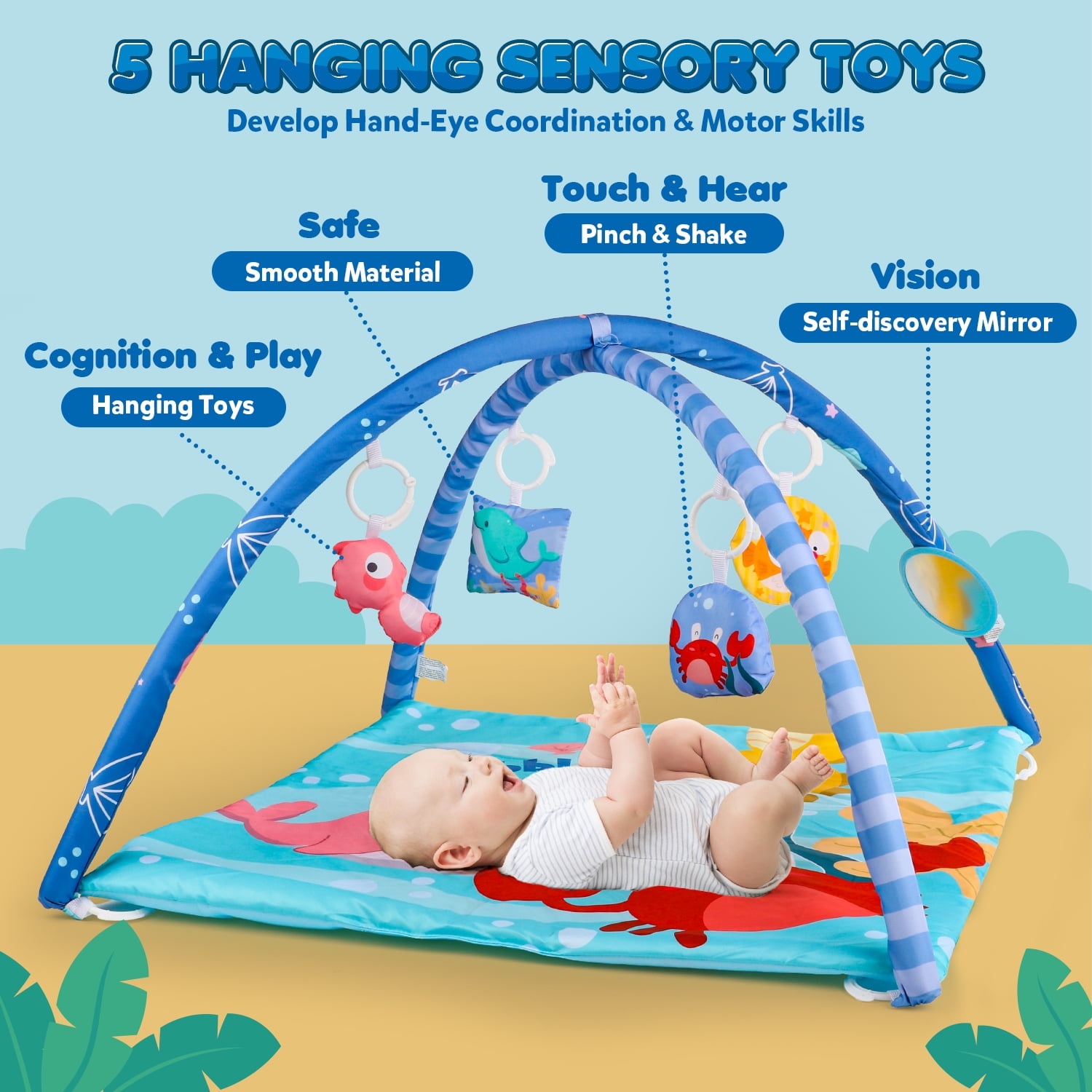 UUSUOO Baby Gym Play Mat,Tummy Time Mat With 5 Sensory Toys,Busy Baby Mat for Visual, Hearing, Sensory,Baby Toys 0-6 Months,Christmas Gifts for Toddler Infant 0-3-6-9-12 Month