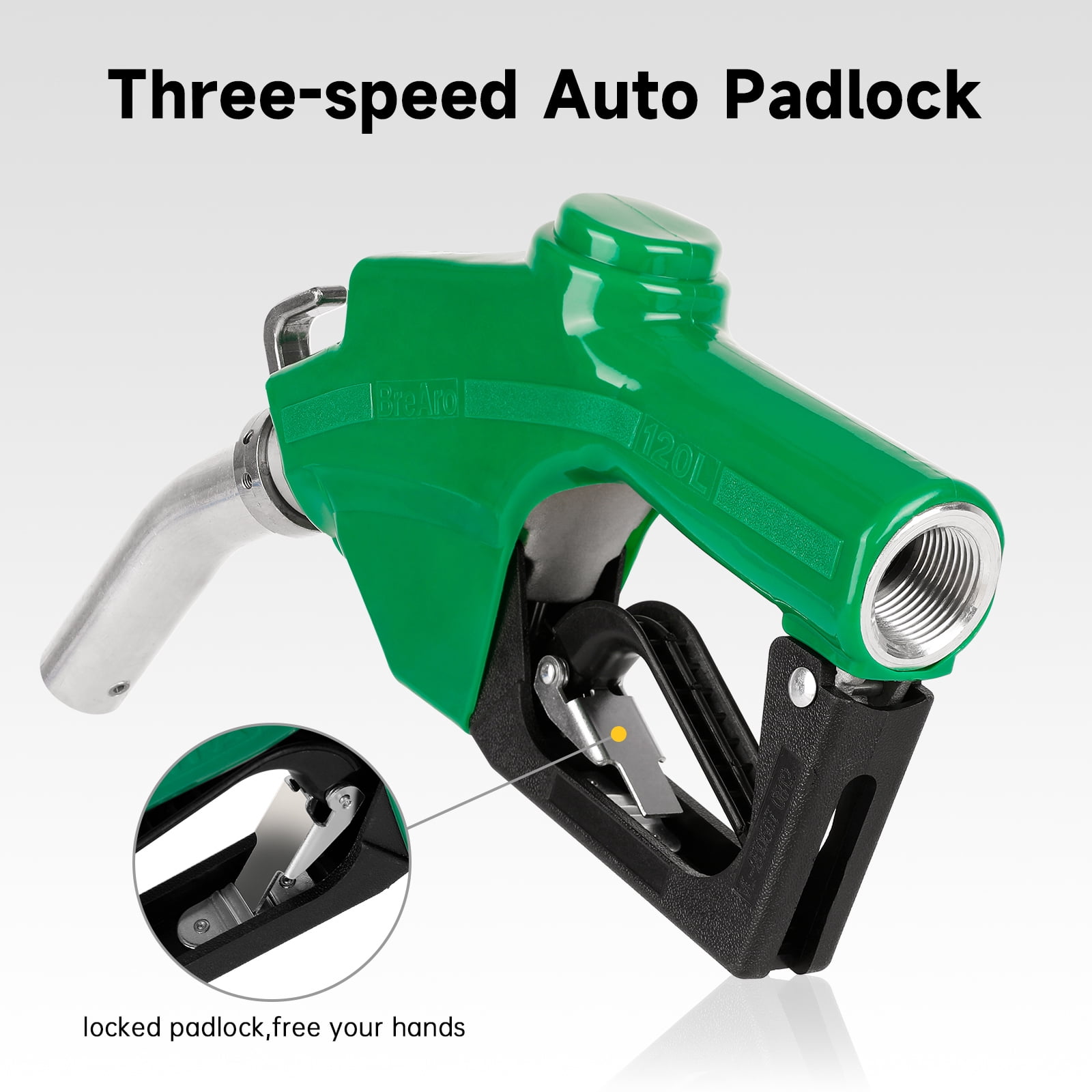 1" NPT Automatic Fuel Nozzle with Hook, Gas Nozzle Diesel Pump Handle Max Flow Rate 30GPM, 3-speed Padlock, Auto Shut Off, 19/16" (OD=30mm) Spout for Gasoline, Diesel, Kerosene Biodiesel, Green