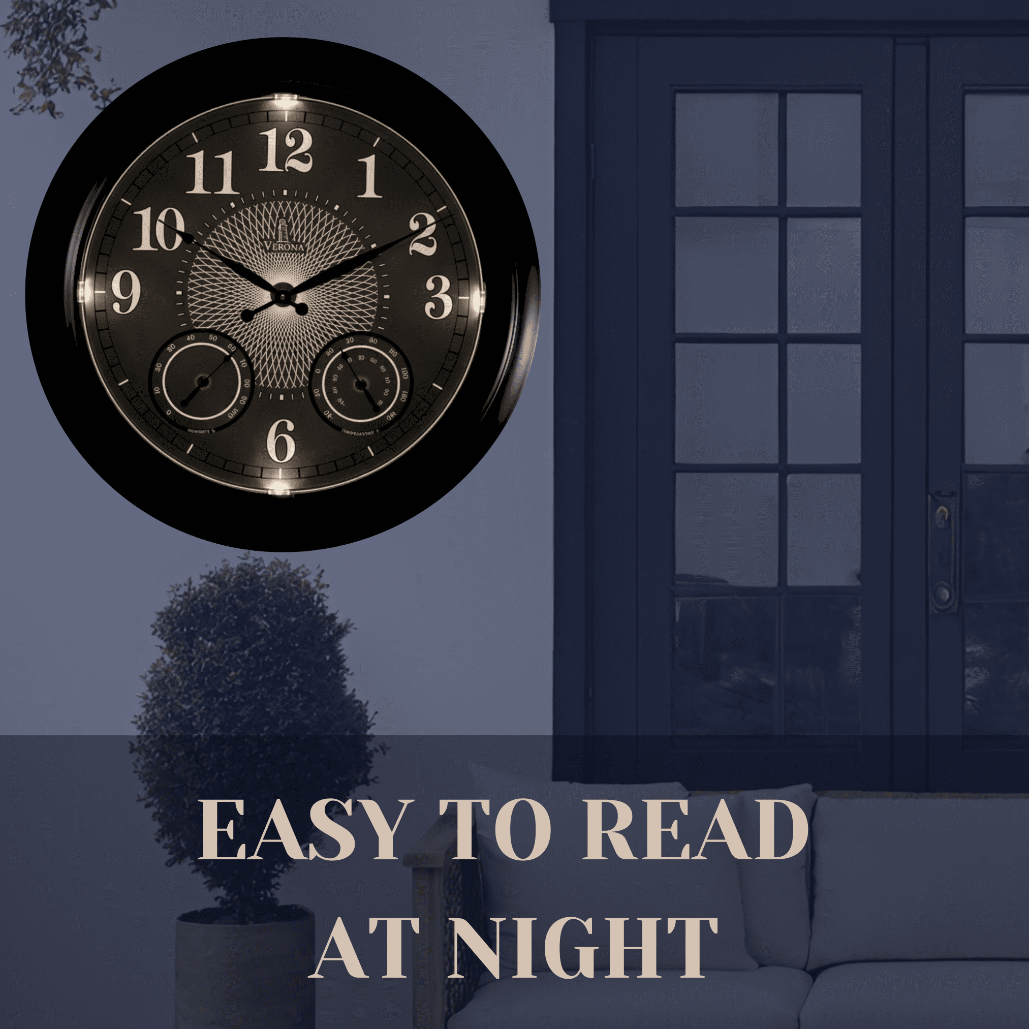 24 inch Illuminated Outdoor Clock for Patio, Waterproof with Thermometer - Large Night Light Wall Clock with Smart LED Sensor, Temperature and Humidity - Weatherproof & Easy to Read for Patio & Home