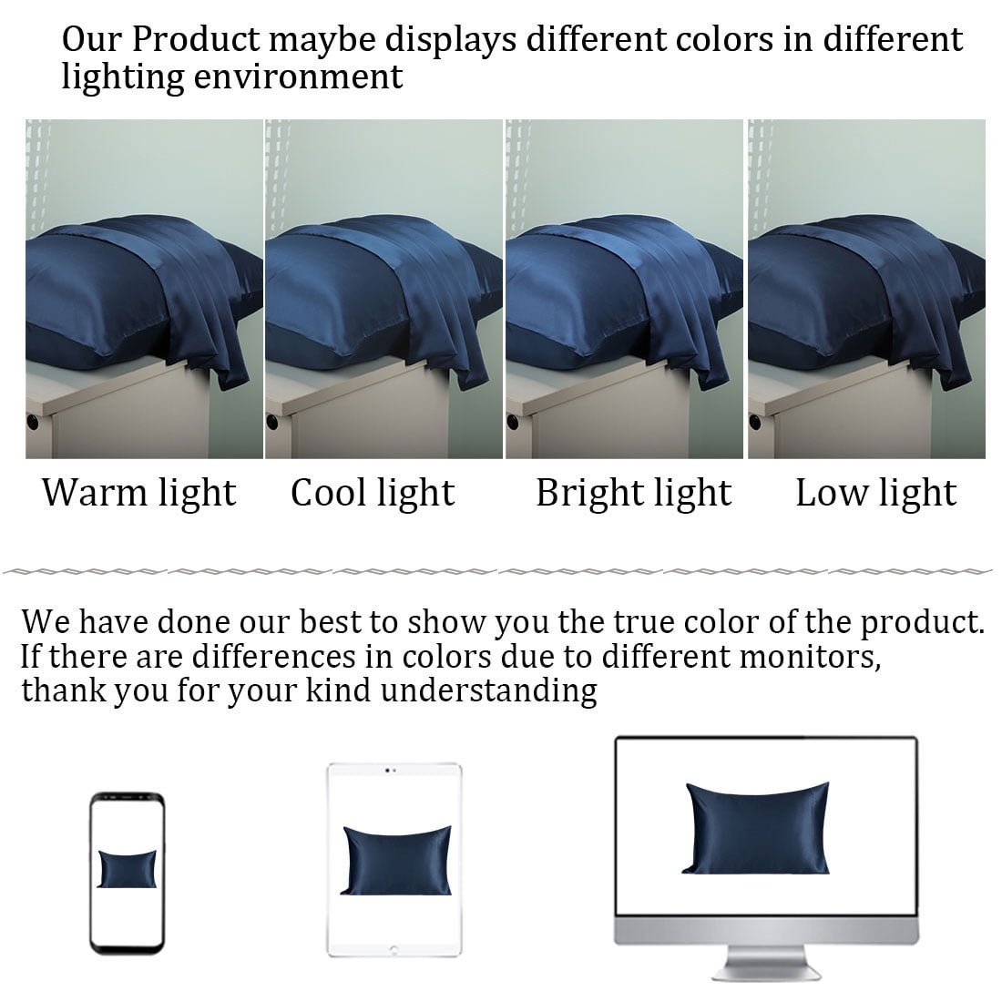 PiccoCasa 2 Pcs Silk Pillowcase Both Sides Silk + 2 Pcs Eye Mask for Hair and Skin with Envelope Closure Queen Navy Blue