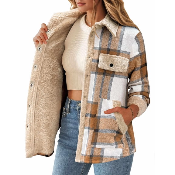 Zeagoo Flannel Jacket Fleece Lined Jacket Women Plaid Shacket Button Down Shirts Casual Fall Winter Outwear